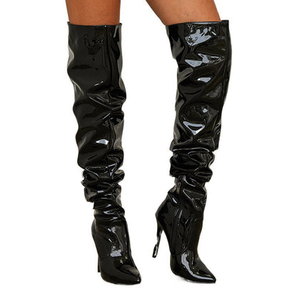 Spring Summer Catwalk Show Patent Leather Slimming Pointed Stiletto Heel Women High Heel Boots  DestGlow