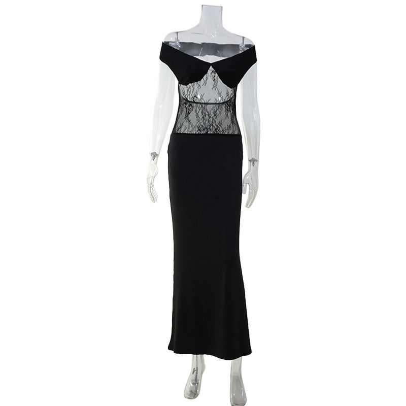 Black French Sexy Lace Stitching Sexy off Shoulder Slim Sheath Dress for Women by Ragazza