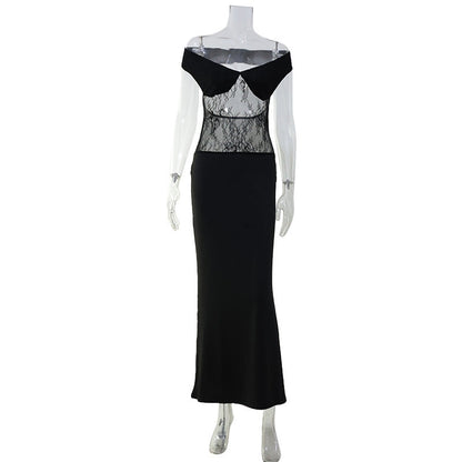 Black French Sexy Lace Stitching Sexy off Shoulder Slim Sheath Dress for Women by Ragazza