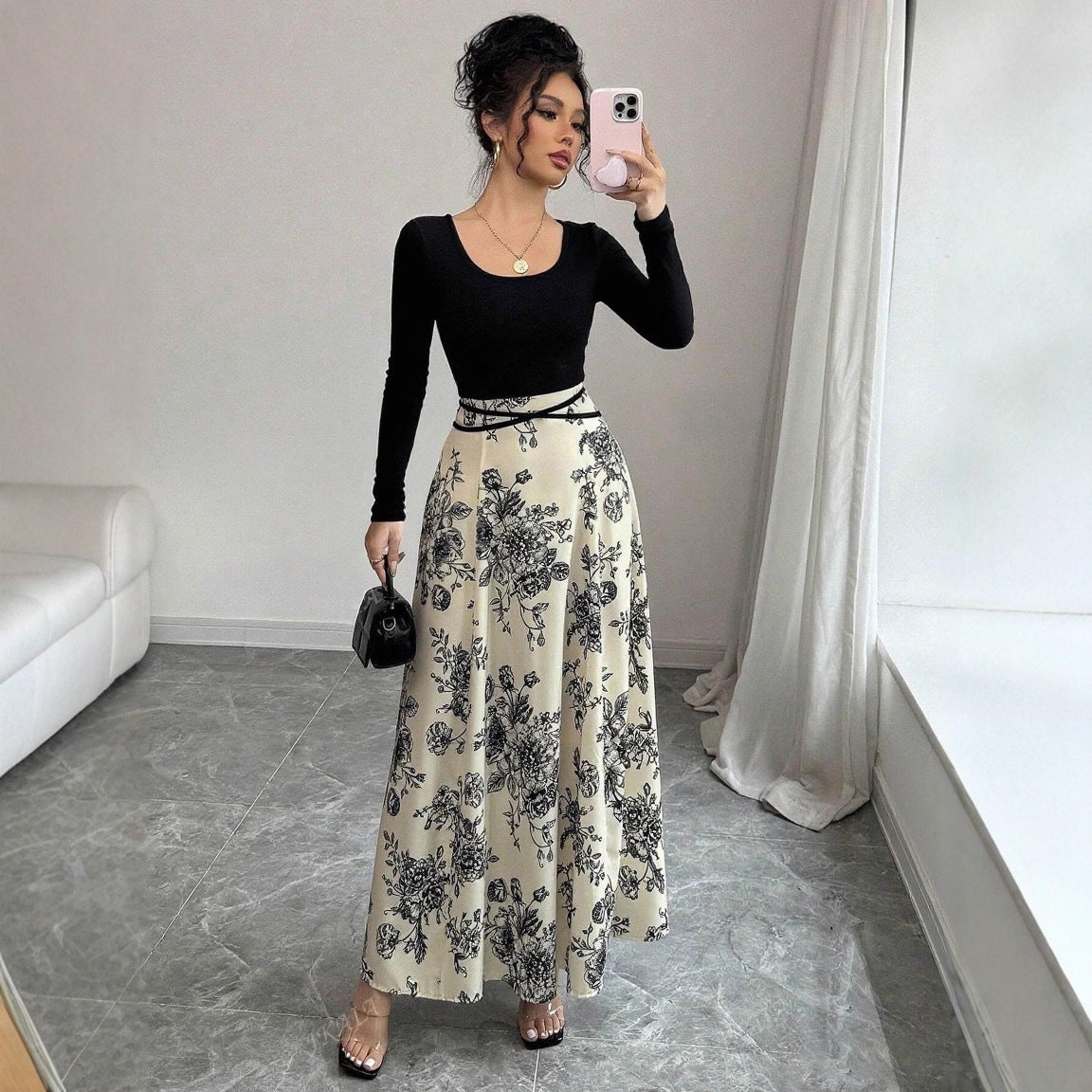 Square Collar Dress Women Elegant Floral Print Long Sleeve Waist Dress by Ragazza
