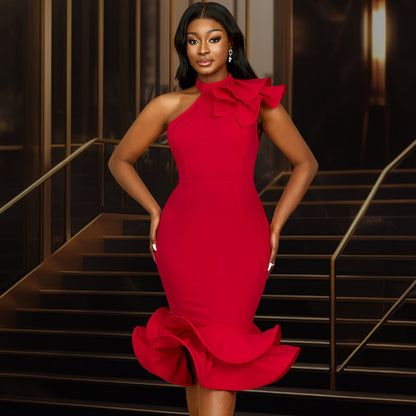 Elegant Half Turtleneck Ruffled Dress off Shoulder Ruffled Hem Cocktail Evening Dress by Ragazza