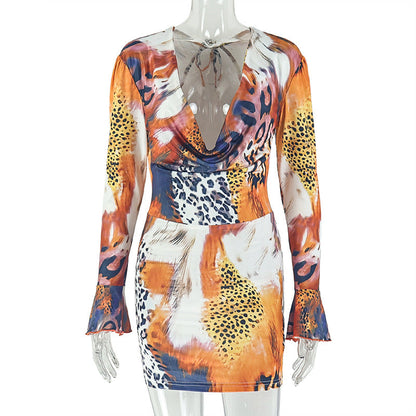 Printed Special Women Clothing Fitted Waist Pleated Hip Dress Swing Collar Long Sleeve Street Sexy Dress by Ragazza