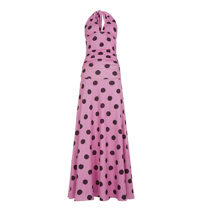 Casual Vacation Polka Dot V neck Halter Dress Women Backless Lace up Waist Slimming Maxi Dress by Ragazza