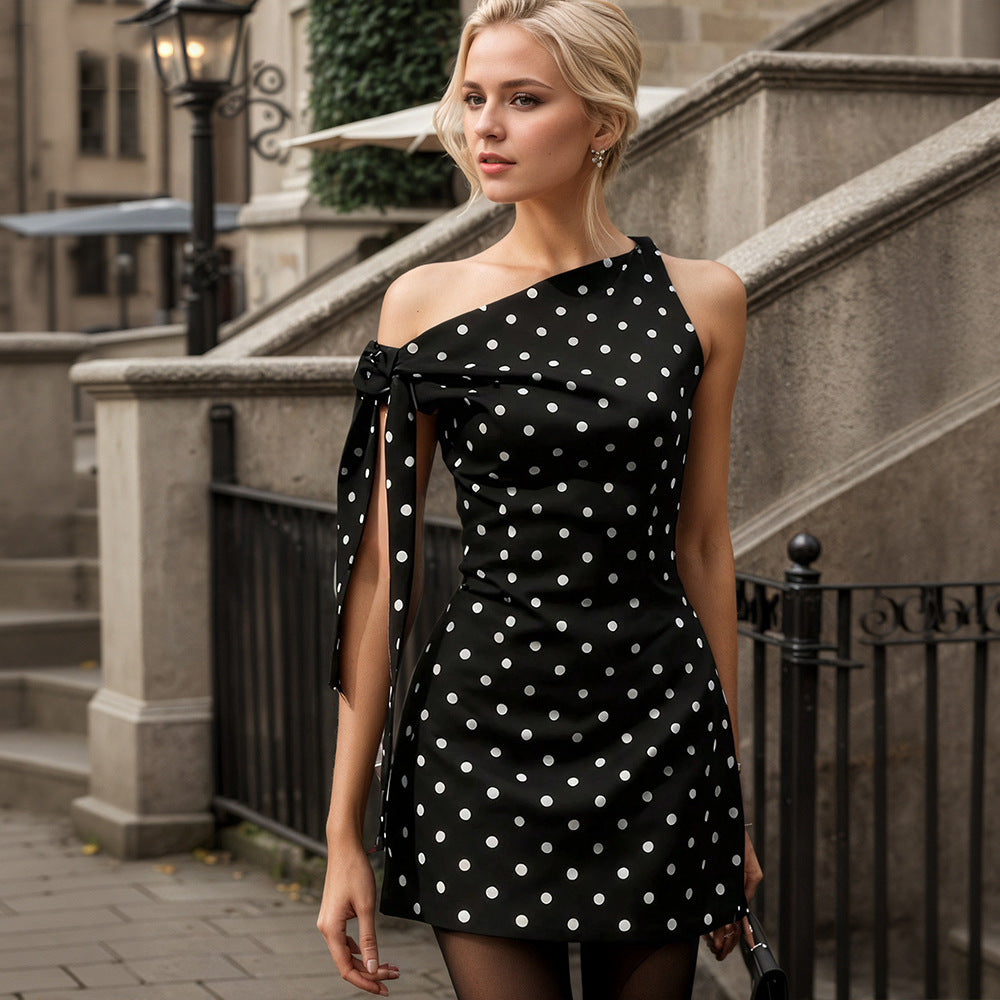Women Summer Retro Dots Sleeveless Slim Fit One Side Lace off Shoulder Short Dress by Ragazza