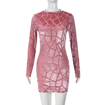 Women Hip Wear round Neck Long Sleeve Flocking Sexy Short Hip Dress by Ragazza