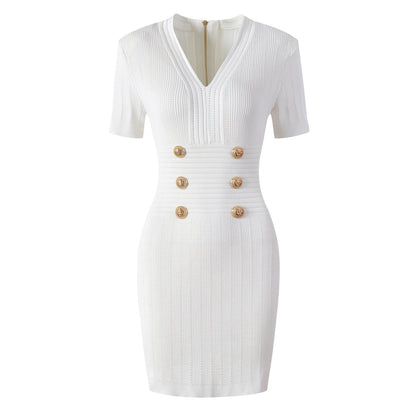 Goods High Quality Knitted Fabric V neck Slim Slimming Short Sleeve Dress  DestGlow
