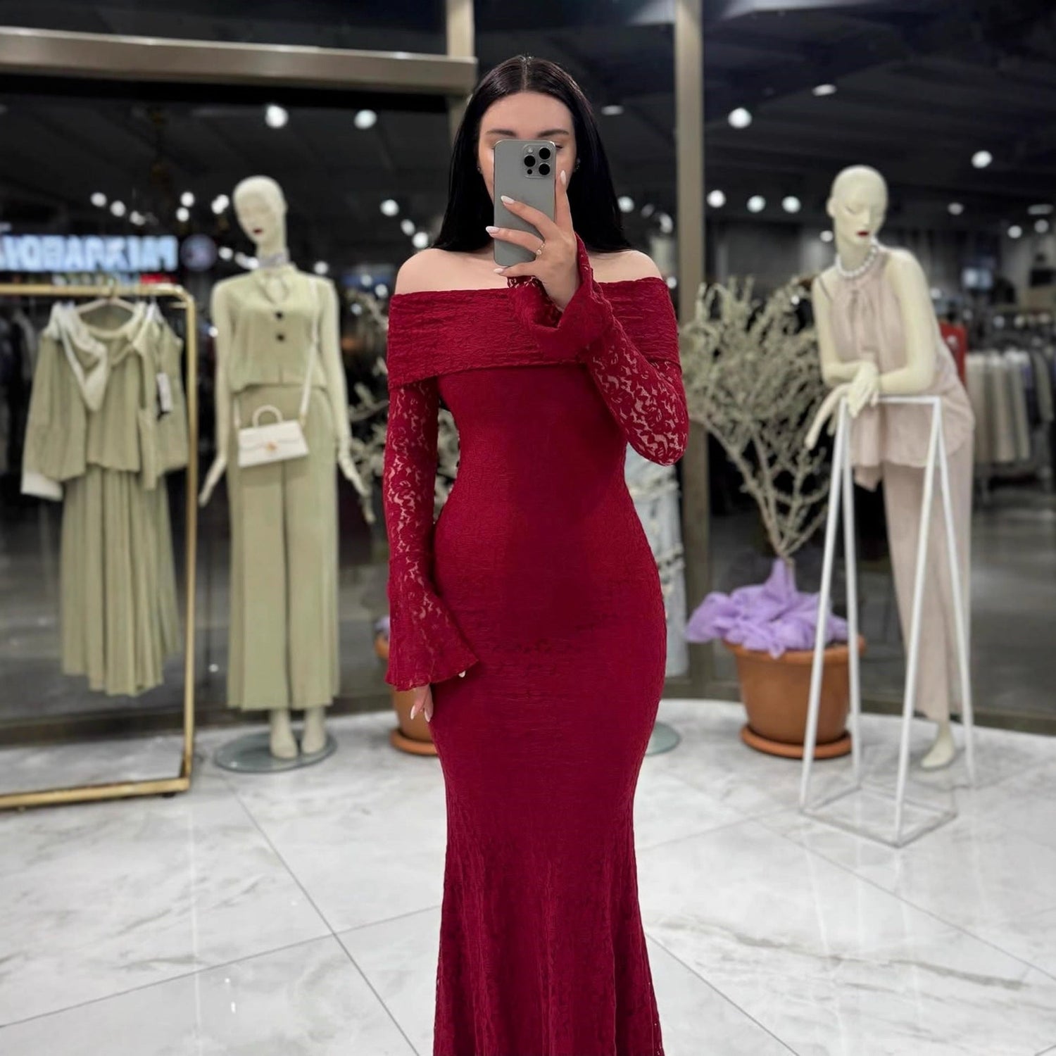 Women Maxi Dress off Shoulder Sexy Lace Long Sleeve Dress by Ragazza