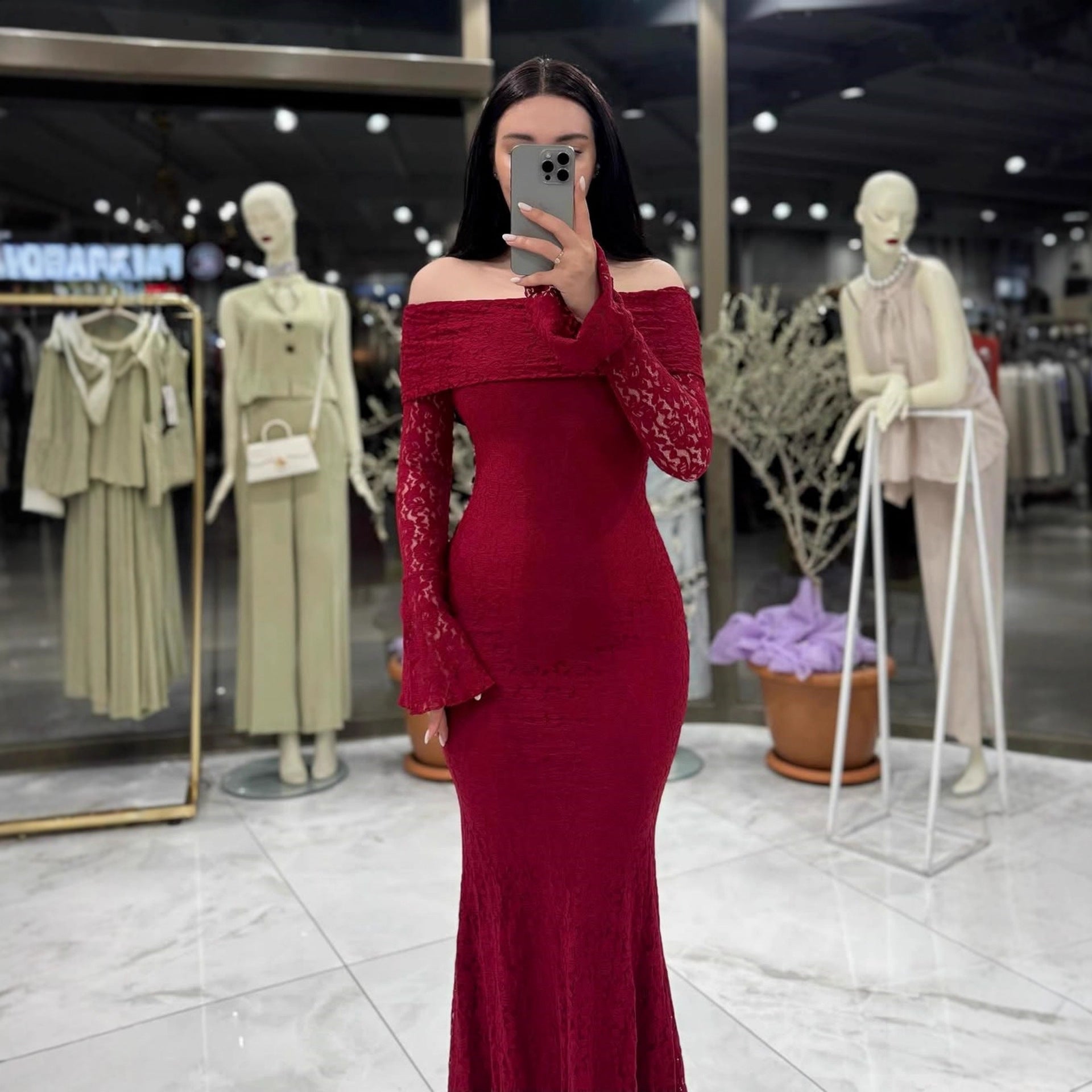 Women Maxi Dress off Shoulder Sexy Lace Long Sleeve Dress by Ragazza