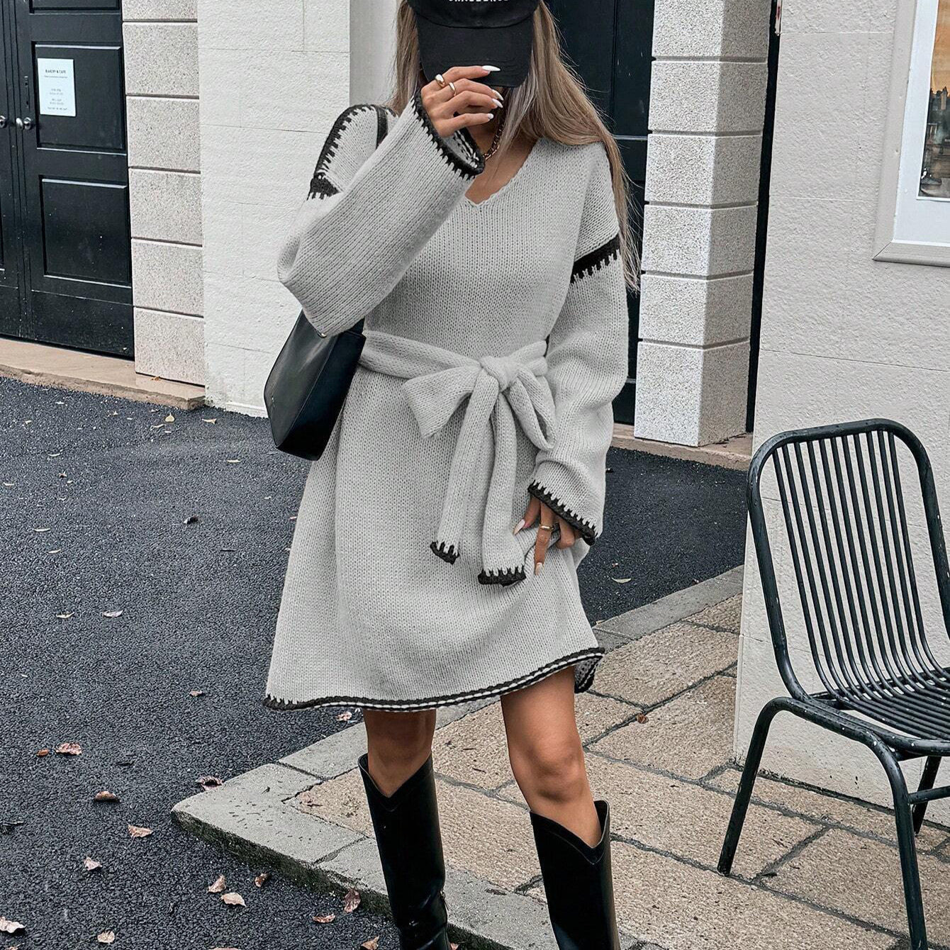 Idle Tie Waist Trimming Loose Knitted V neck Long Sleeve Fall Mid Length Dress Women by Ragazza