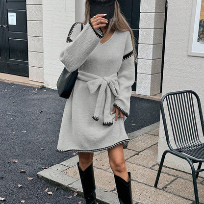 Idle Tie Waist Trimming Loose Knitted V neck Long Sleeve Fall Mid Length Dress Women by Ragazza
