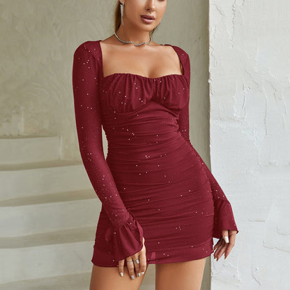 Mesh Long Sleeve Dress Sexy See through Steel Ring Sequined Square Collar Backless Dress by Ragazza