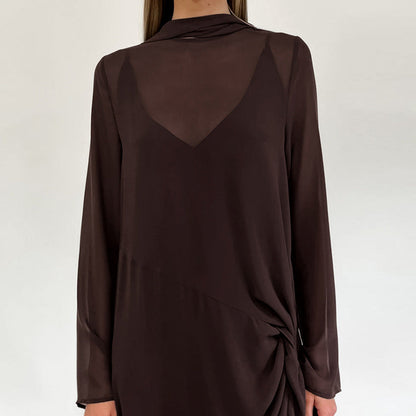 Spring Summer Arrival Mesh See through round Neck Long Sleeve Lace up Bow Split Dress Women by Ragazza