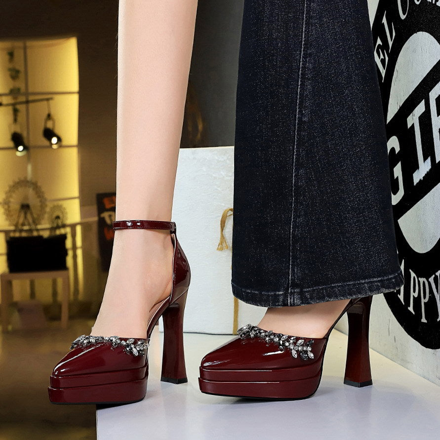 Sexy Rhinestones Buckle Double Layer Waterproof Platform Ultra High Heel Patent Leather Hollowed Sandals Women  DestGlow