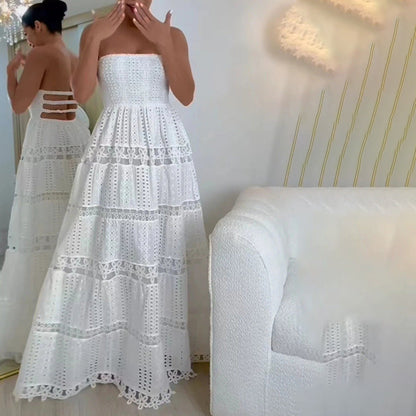 Casual Maxi Dress Spring High Sense Embroidery Hollow Out Cutout out Tube Top Dress Women Clothing by Ragazza