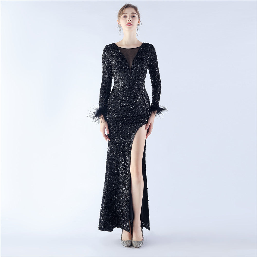 Handmade Sequin Craft Order Ostrich Feather Long Sleeve Evening Dress by Ragazza