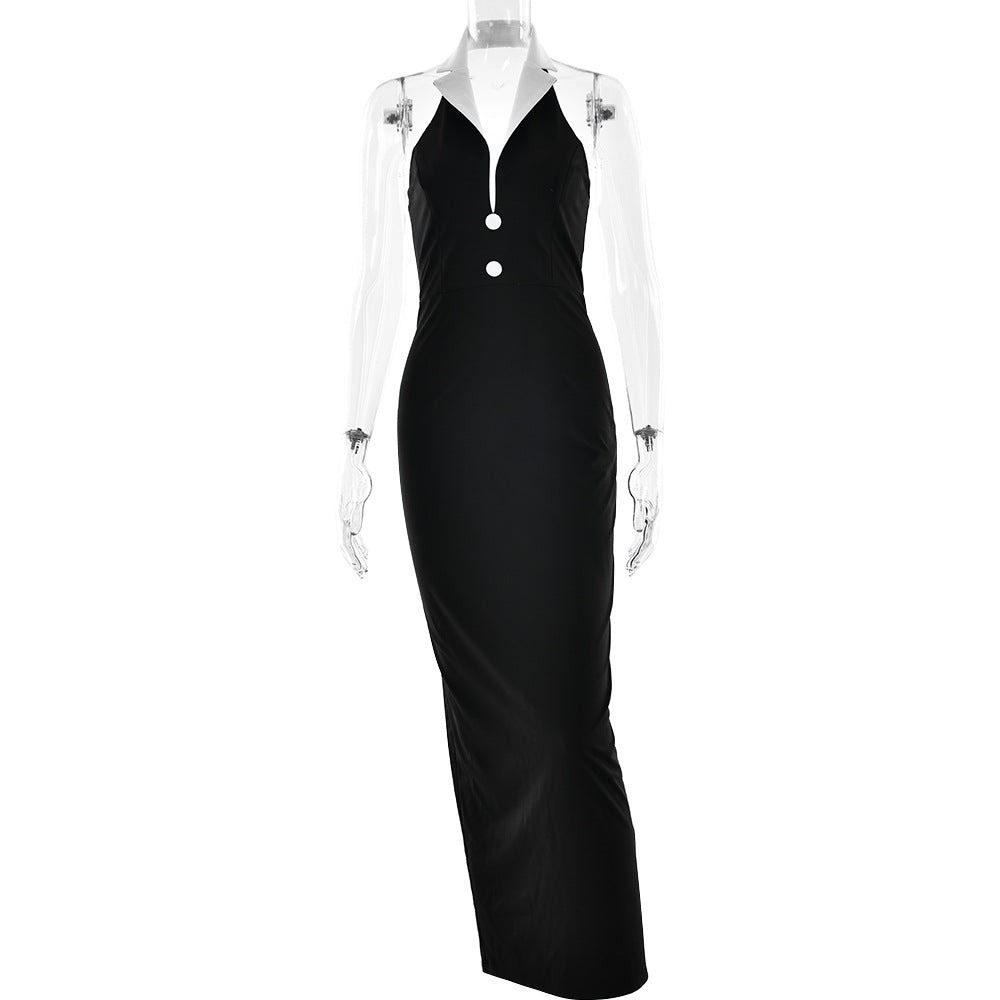 Spring Summer Elegant Collared Dress Sexy Backless Slit Slimming Dress by Ragazza