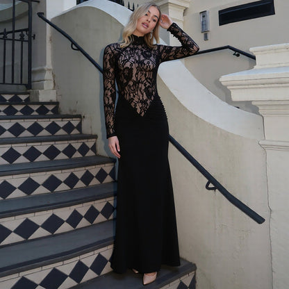 Autumn Winter Women Clothing High Neck Sexy Hollow Out Cutout out See through Lace Slim Fit Long Sleeved Elegant Dress by Ragazza