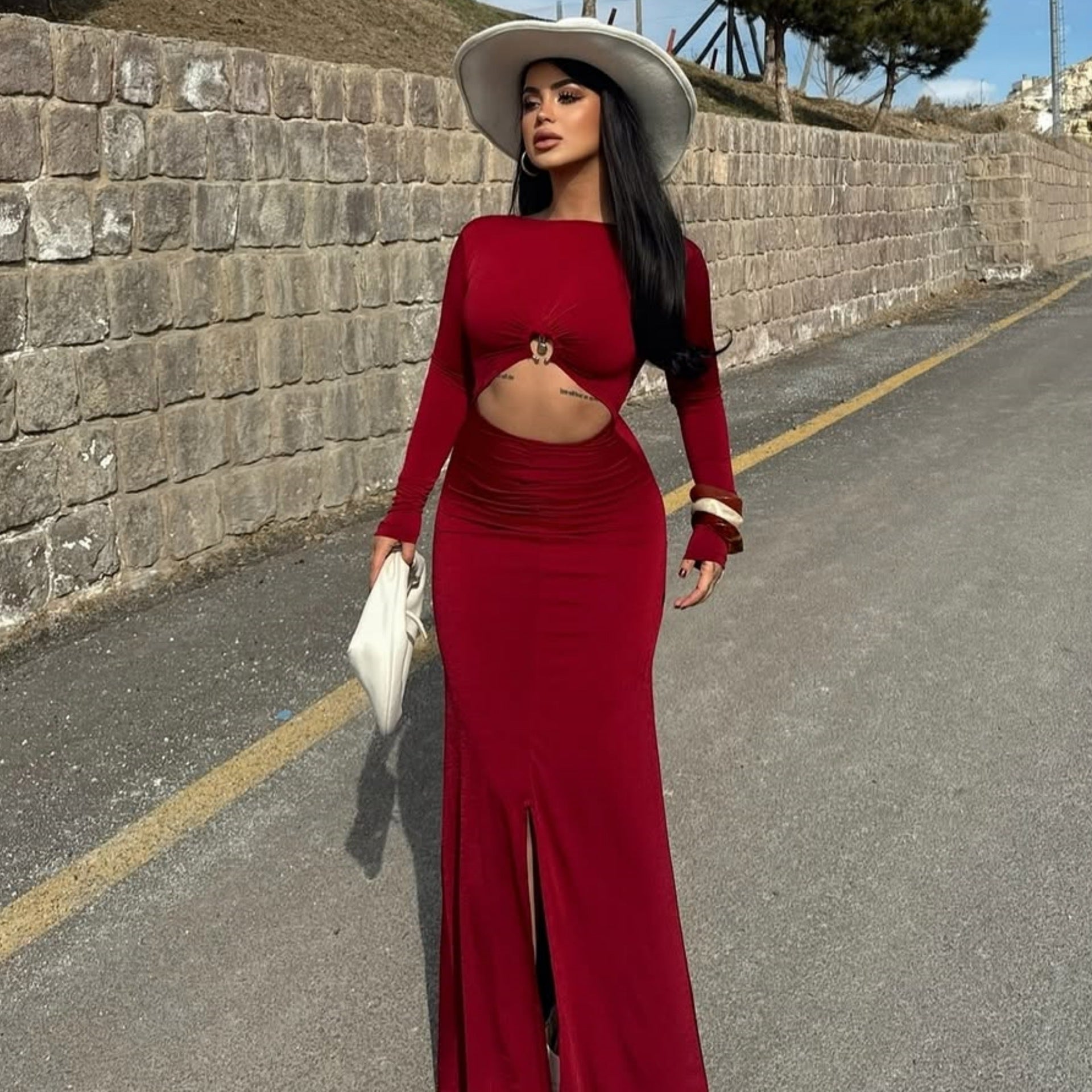 Women Clothing Maxi Dress Hollowed out Long Sleeve Dress by Ragazza