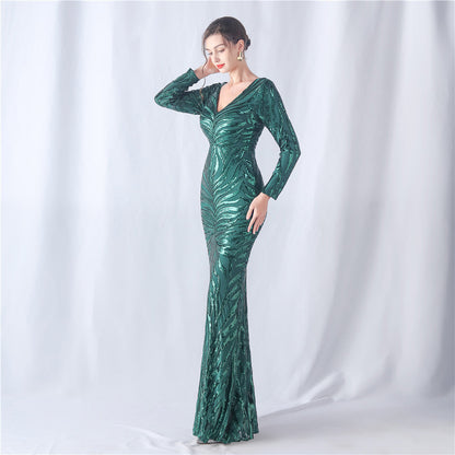Positioning Floral Cutting Craft Magic Color Sequin Annual Meeting Wedding Long Sleeve Evening Dress by Ragazza