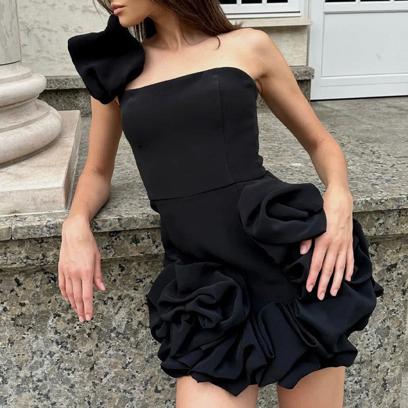Summer Women Clothing Dress Ruffled Bud Tight Waist Dress One Shoulder Tube Top Hip Dress by Ragazza