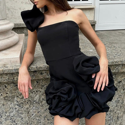 Summer Women Clothing Dress Ruffled Bud Tight Waist Dress One Shoulder Tube Top Hip Dress by Ragazza