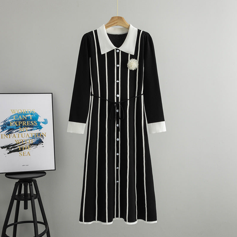 Spring Camellia Decorative Striped Contrast Color Waist Dress French by Ragazza