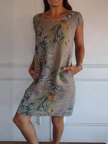 Women Clothing Summer Cotton Linen round Neck Printed with Pocket by Ragazza