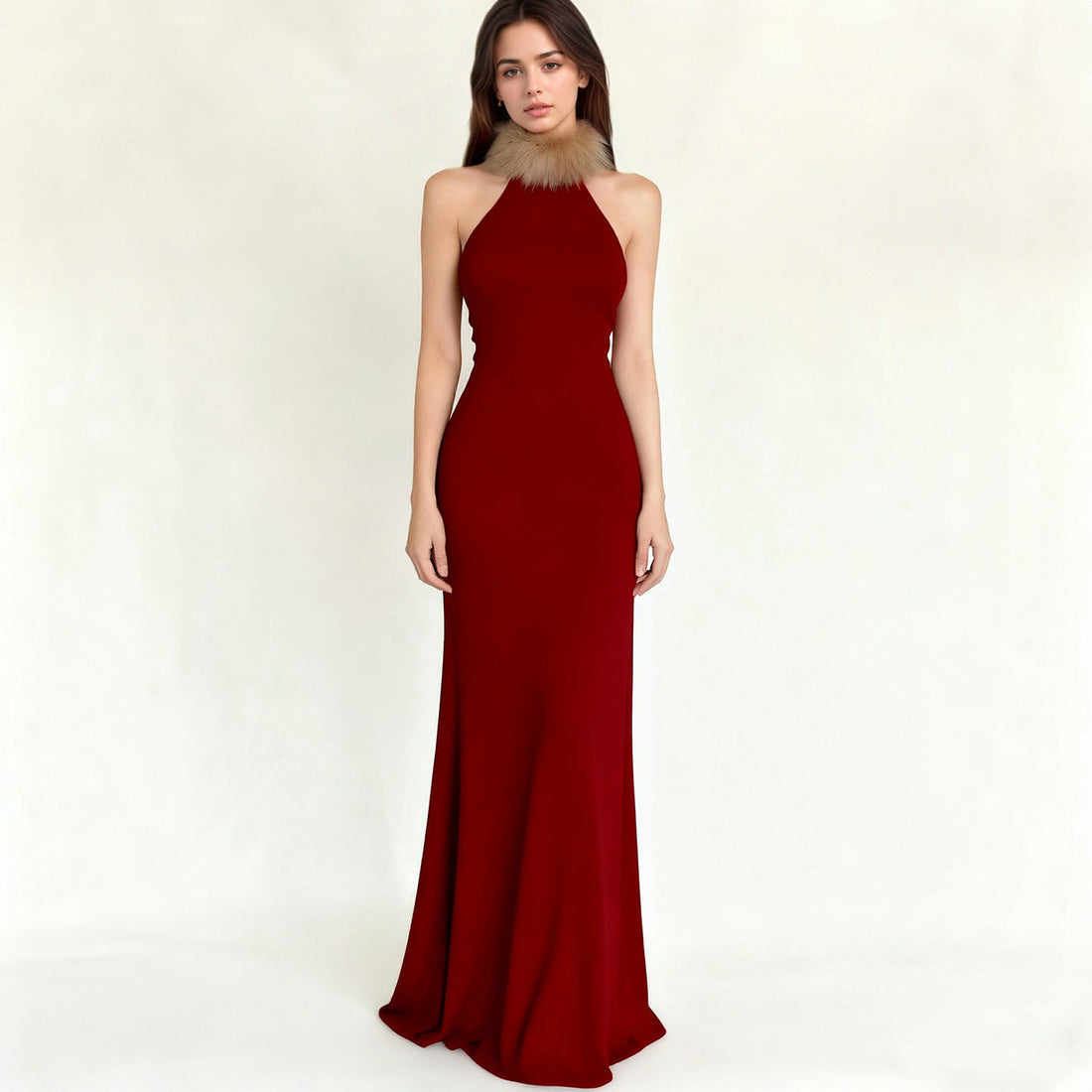 Retro Christmas Red Fur Stitching Contrast Color Vest Maxi Dress Elegant Slim Mop Evening Dress Annual Party Dress by Ragazza