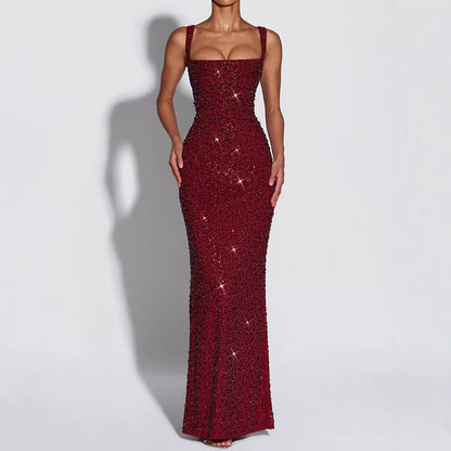 Women Clothing Dress Sequin Sling Evening Dress Dinner Sexy Dress Slim Fit Backless Maxi Dress  DestGlow