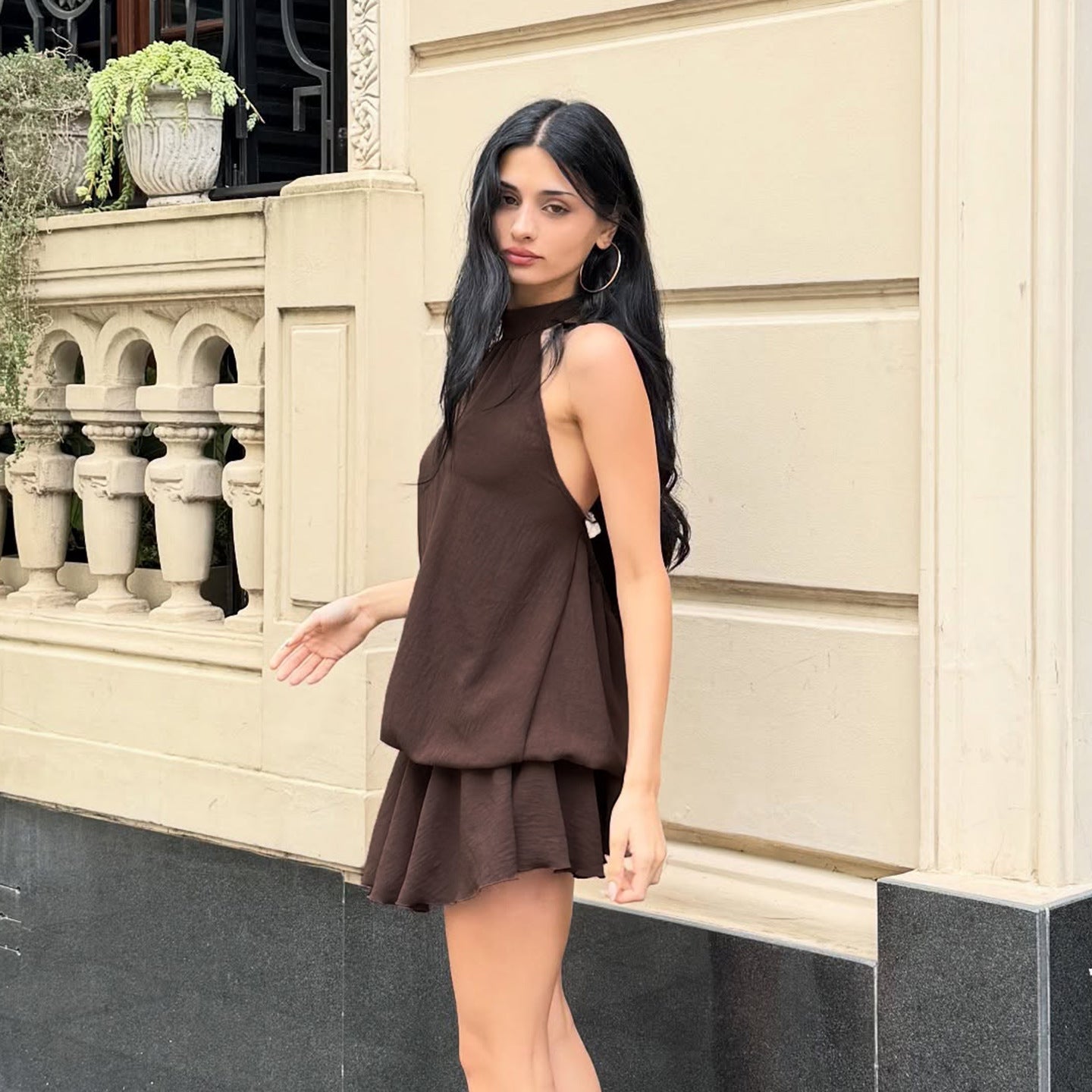 Retro Solid Color Elegant Stitching Pleated Backless Lace up Sexy Halter Dress by Ragazza