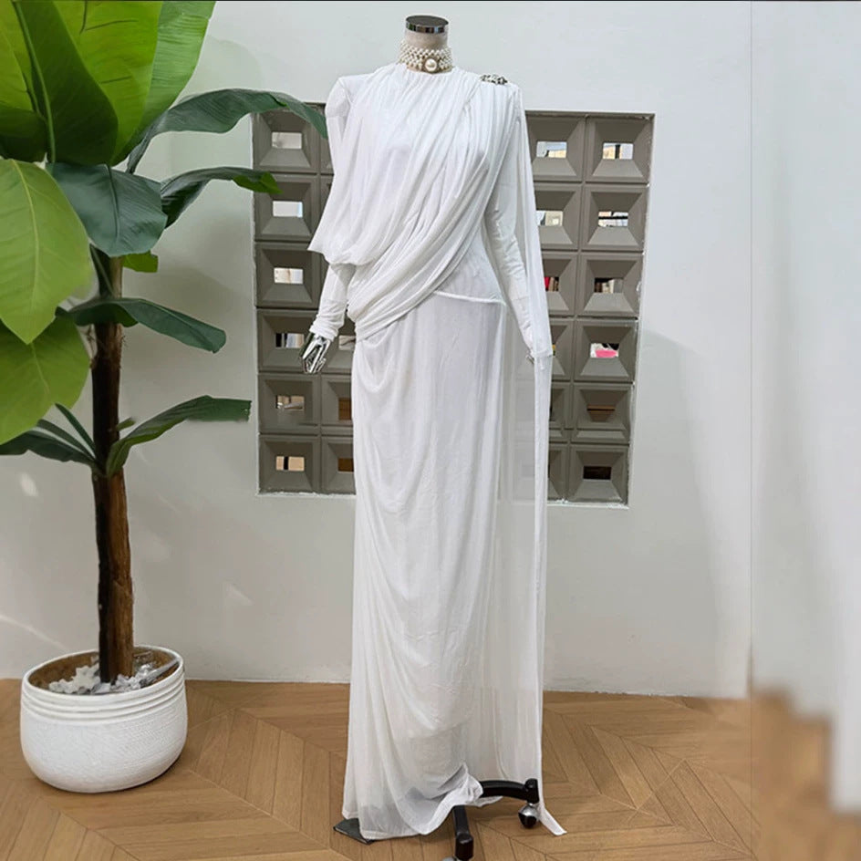 Dinner Light Luxury Formal Dress Autumn round Neck Stitching Pleated Nipped Waist Slimming Dress Women by Ragazza