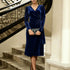 Autumn Winter Velvet V neck Waist Controlled Slimming Pleated Wrap Mid Length Graceful Formal Dress  DestGlow