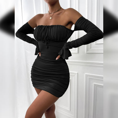 Women Clothing Spring Autumn Sexy Chest Wrapped Dress Chest Lace up Pleated Bell Sleeve Hip by Ragazza