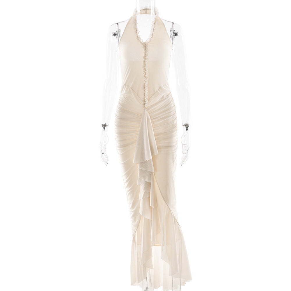 Arrival Sexy Halter Dress Summer Deep V Plunge Ruffled Slit Pleated Dress by Ragazza