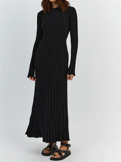Long Sleeve Round Neck Tight Knitted Dress Autumn Sweater Dress Sunken Stripe Solid Color Base Dress by Ragazza