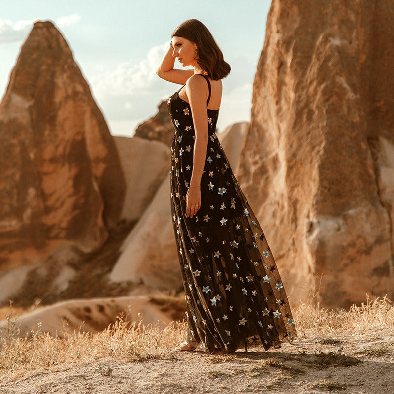 Summer Women Clothing Five Pointed Star Mesh Camisole See Through Dress Maxi Dress by Ragazza