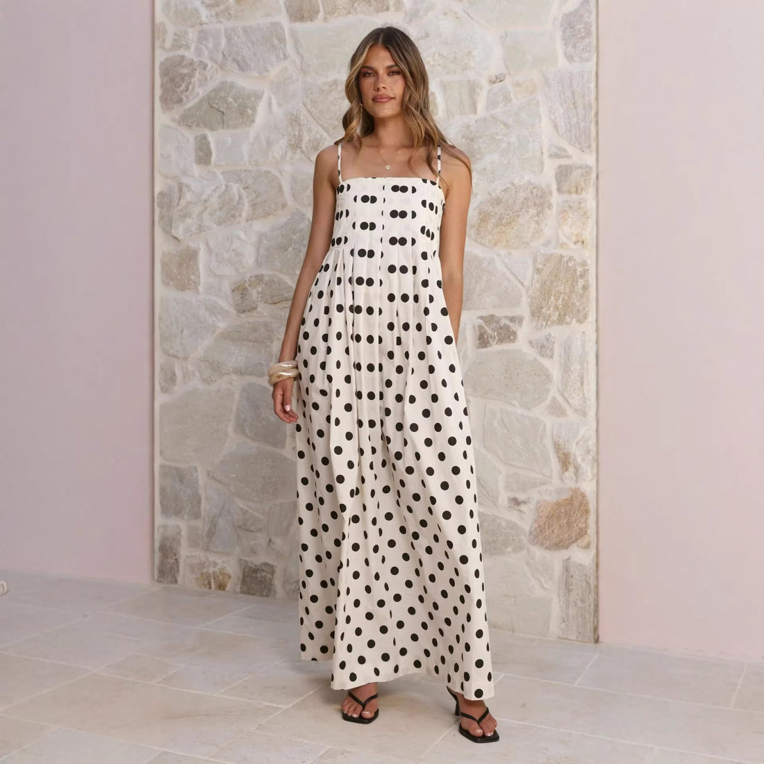 Summer Polka Dot Printed Pleated Craft Sweet Spaghetti Strap Mid Length Dress by Ragazza