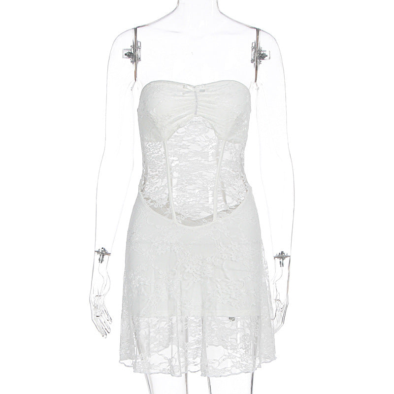 Summer Women Sexy Lace Stitching Tube Top Slim Fit See through Dress by Ragazza