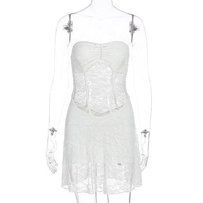 Summer Women Sexy Lace Stitching Tube Top Slim Fit See through Dress by Ragazza