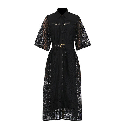 Retro Casual Elegant Dress Autumn Polo Collar Lace Hollow Out Cutout High Waist Bell Sleeve Maxi Dress Women by Ragazza