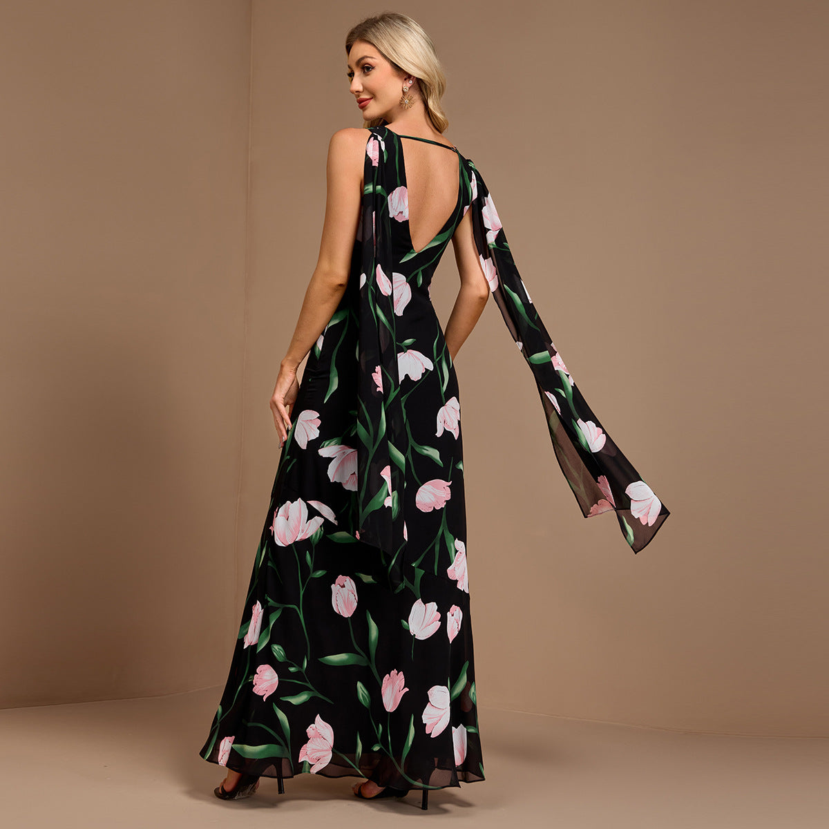 Women Summer Printed Sleeveless Large V Back U Neck A line Flared Sundress Ribbon Evening Dress  DestGlow