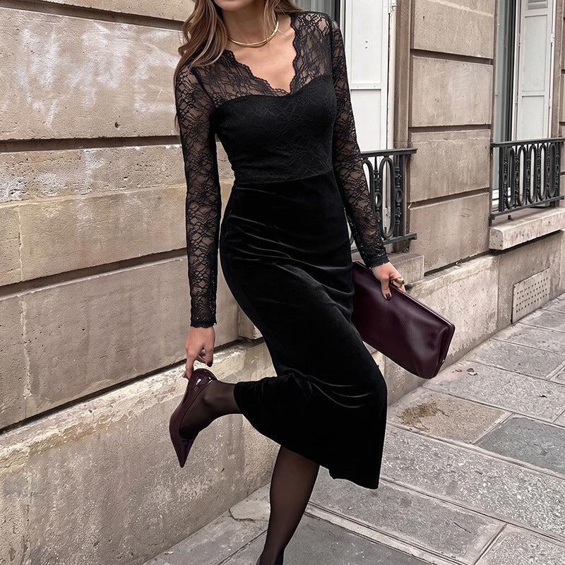 Autumn High Grade Slim Fitting Patchwork Lace Long Sleeve Velvet Black Dress Women Clothing  DestGlow