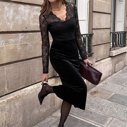 Autumn High Grade Slim Fitting Patchwork Lace Long Sleeve Velvet Black Dress Women Clothing  DestGlow