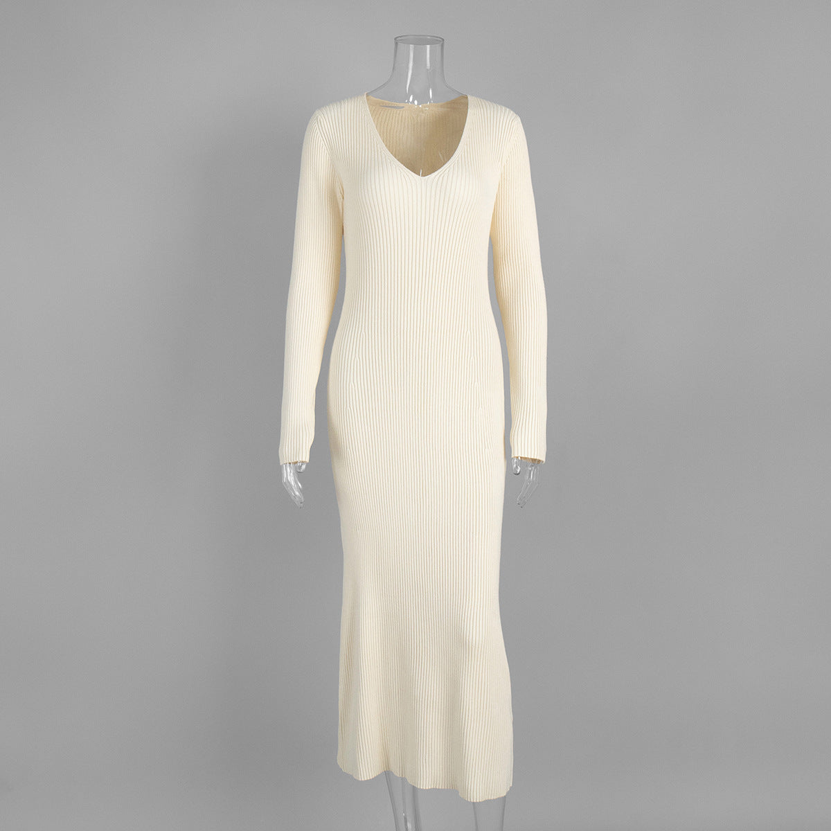 Solid Color Long Sleeve Dress Women Autumn Winter Elegant V neck Slim Hip Knitwear Dress by Ragazza
