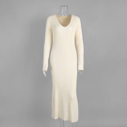 Solid Color Long Sleeve Dress Women Autumn Winter Elegant V neck Slim Hip Knitwear Dress by Ragazza