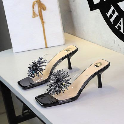 Rhinestone Fireworks Square Toe Open Toe Slippers Women Transparent Slip on Stiletto Heel Outdoor Slippers  DestGlow
