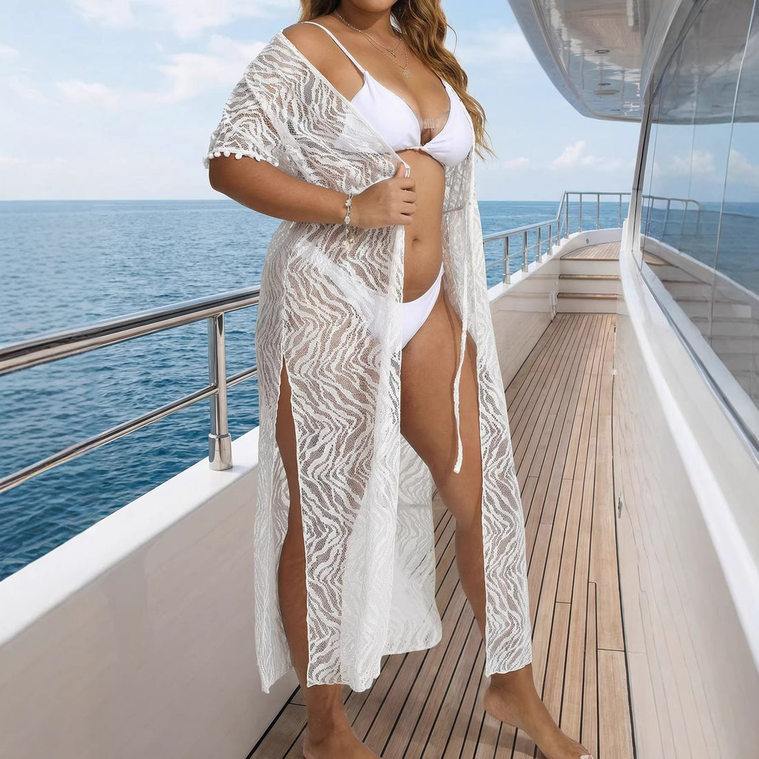 Women Coat Women Clothing Sexy Deep V Plunge See through Lace Waist Trimming Lace up Beach Beach Cover Up Split by Ragazza