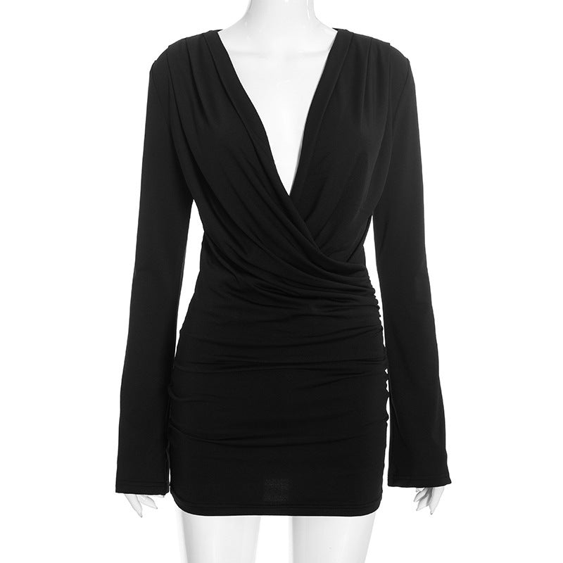 Women Clothing Autumn Sexy Deep V Plunge neck Draped Waist Sheath Short Dress  DestGlow