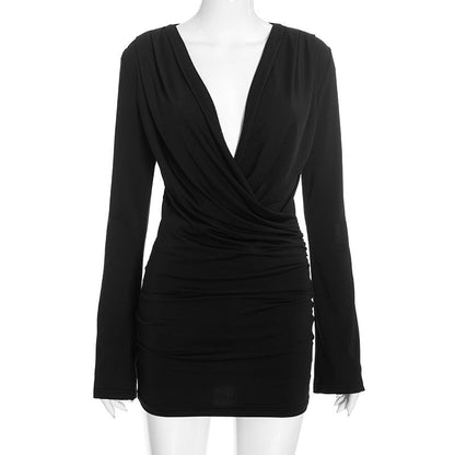 Women Clothing Autumn Sexy Deep V Plunge neck Draped Waist Sheath Short Dress  DestGlow