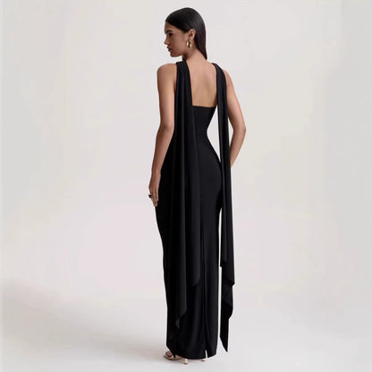 Women Summer Halter Ribbon Twist Woven Wrapped Chest Backless Slim Fit Niche Maxi Dress  DestGlow